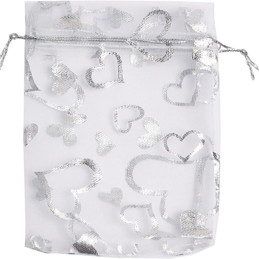 Wedding Organza Drawstring Bag 50 pc White/Silver with Hearts. BRAND NEW
